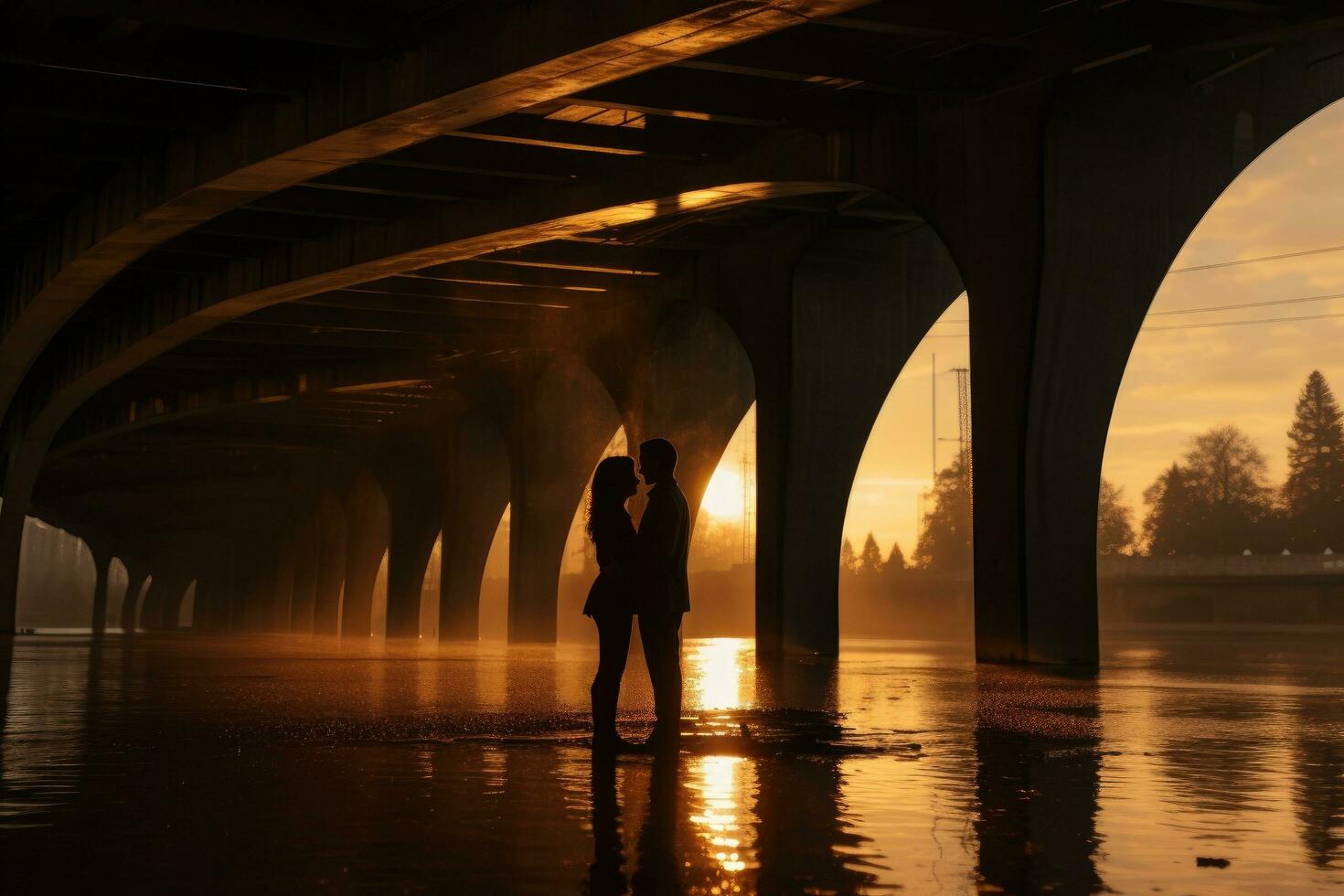 ai gerado silhueta do homem e mulher em a ponte às pôr do sol, uma do casal reflexão em a água superfície debaixo uma ponte às dourado hora, ai gerado foto