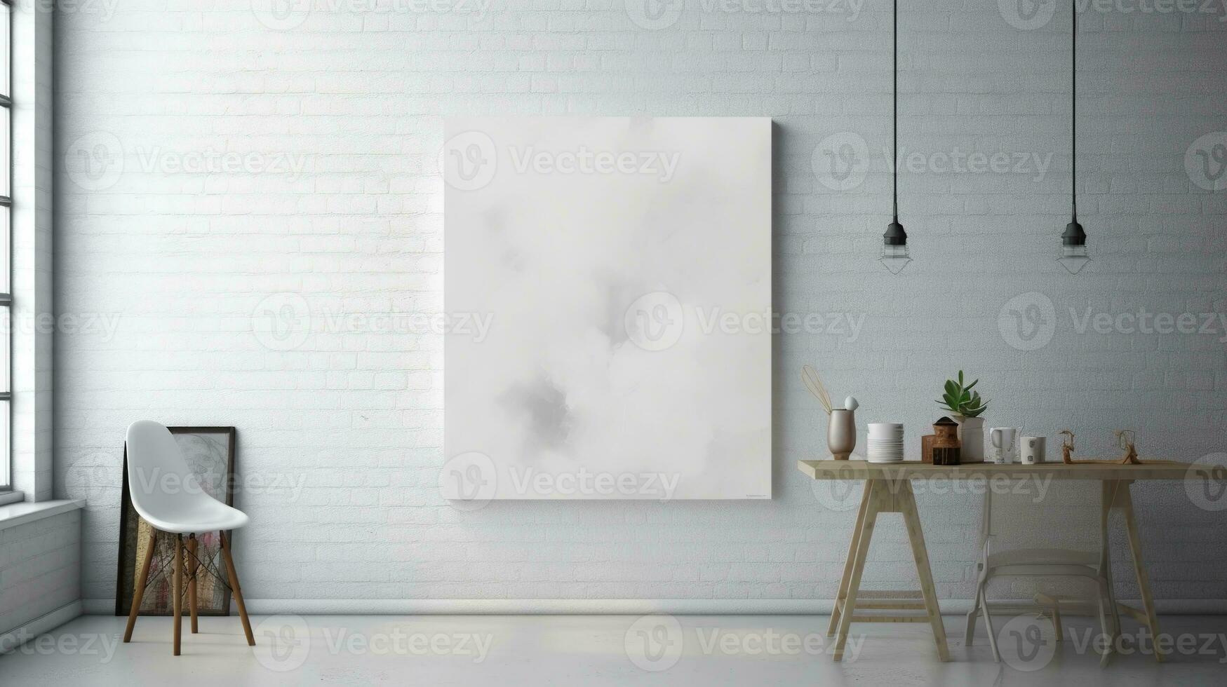 ai gerado branco tela de pintura para brincar com borrado tijolo parede quarto interior foto