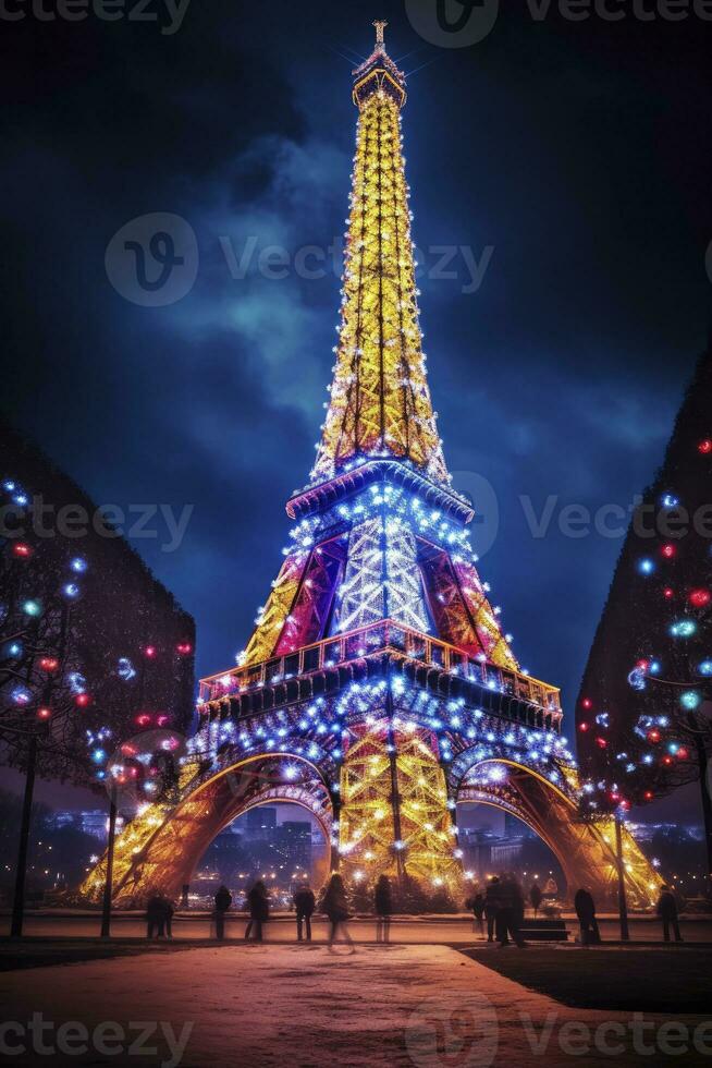 ai gerado Natal árvore decorado com iluminação perto a eiffel torre dentro Paris foto