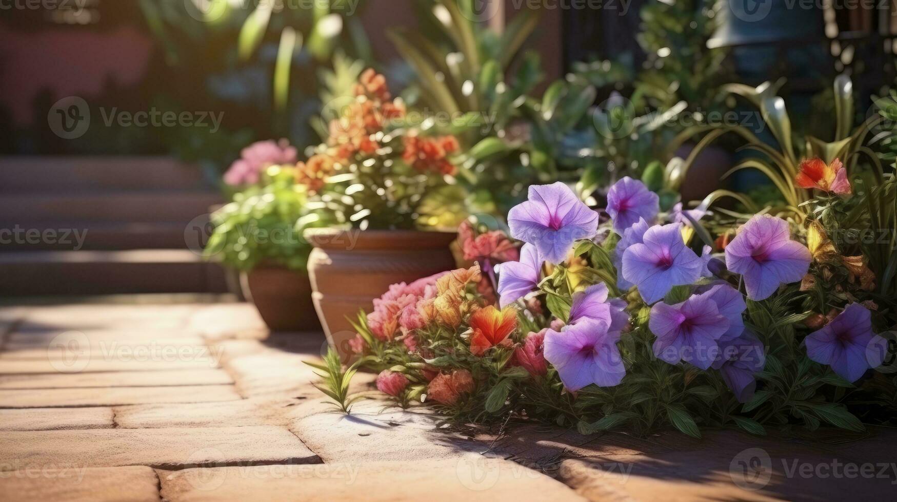 ai gerado lindo flores dentro panelas lado de fora dentro a jardim foto