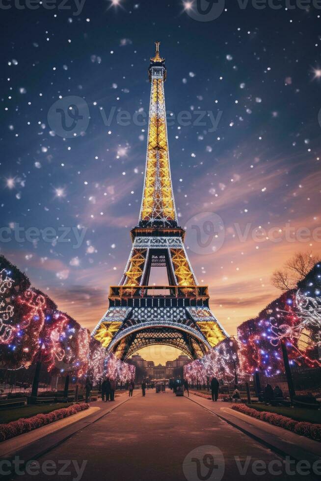 ai gerado Natal árvore decorado com iluminação perto a eiffel torre dentro Paris foto