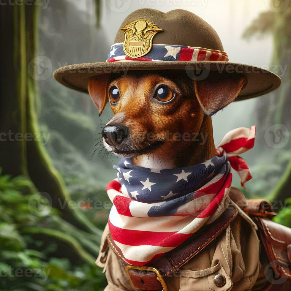 ai gerado uma rato terrier cachorro vestindo uma floresta explorador terno, ai gerado. foto