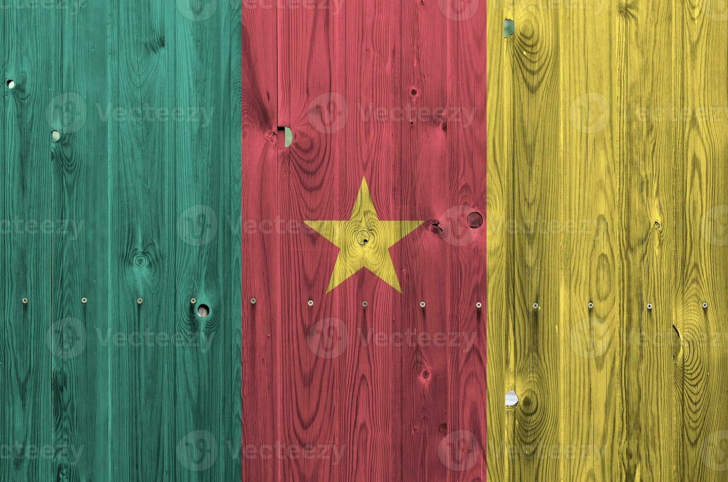 Camarões bandeira retratado dentro brilhante pintura cores em velho de madeira muro. texturizado bandeira em rude fundo foto