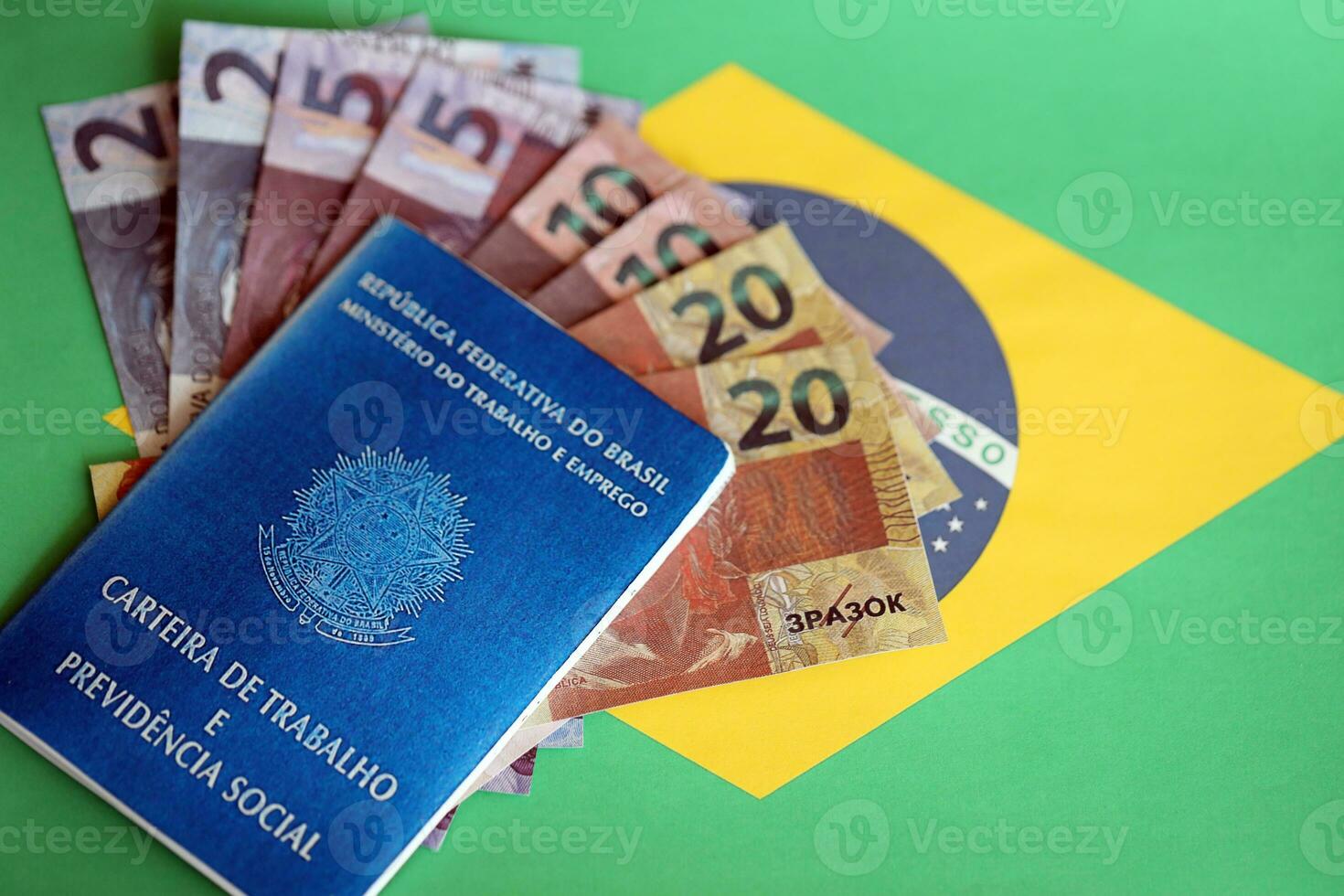 brasileiro trabalhos cartão e social segurança azul livro e reais dinheiro contas em bandeira do federativo república do Brasil foto