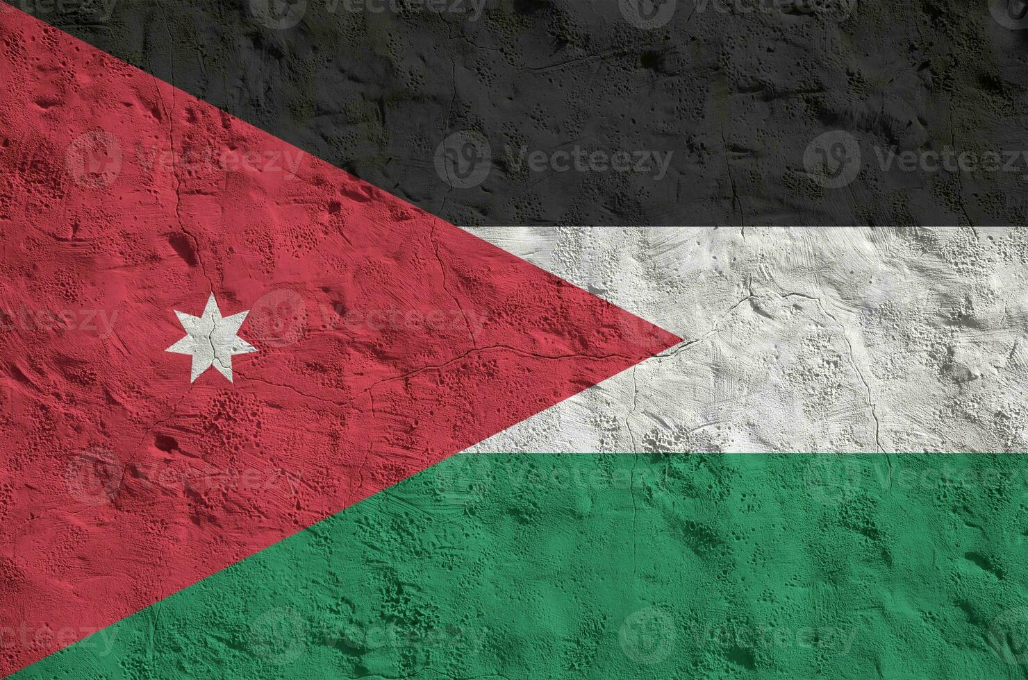 Jordânia bandeira retratado dentro brilhante pintura cores em velho alívio reboco muro. texturizado bandeira em rude fundo foto