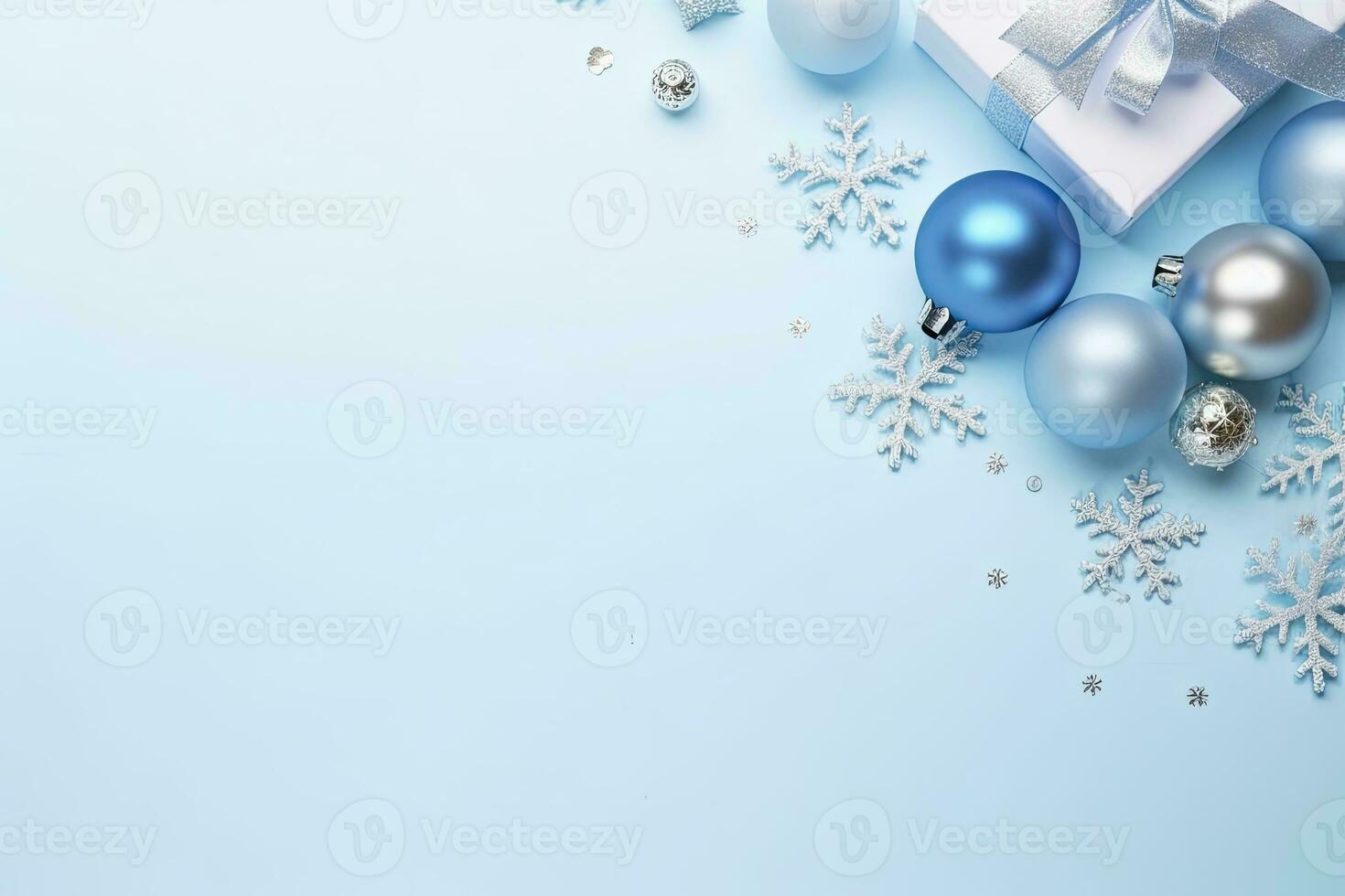 ai gerado Natal véspera conceito. topo Visão foto do azul e prata enfeites floco de neve enfeites à moda presente caixas e confete. ai gerado