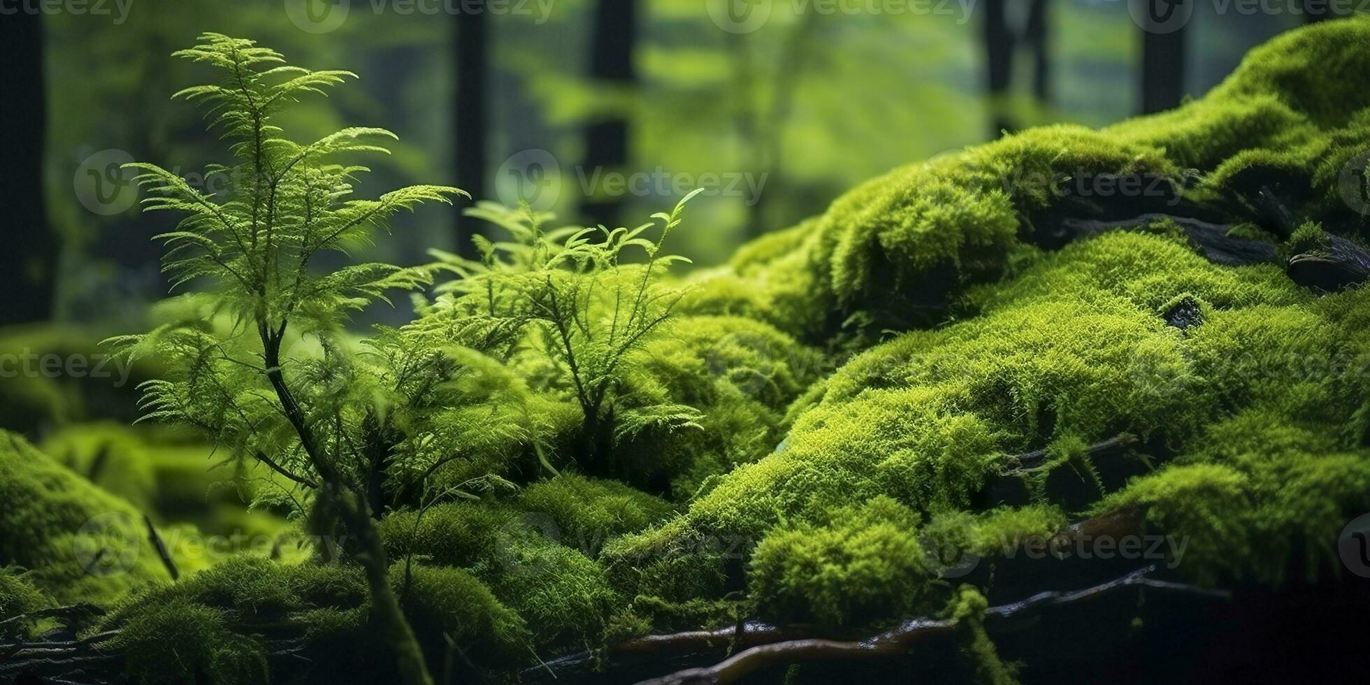 ai gerado verde musgo fechar-se, com uma pano de fundo do bosque. floresta dentro a nacional parque. ai gerado foto