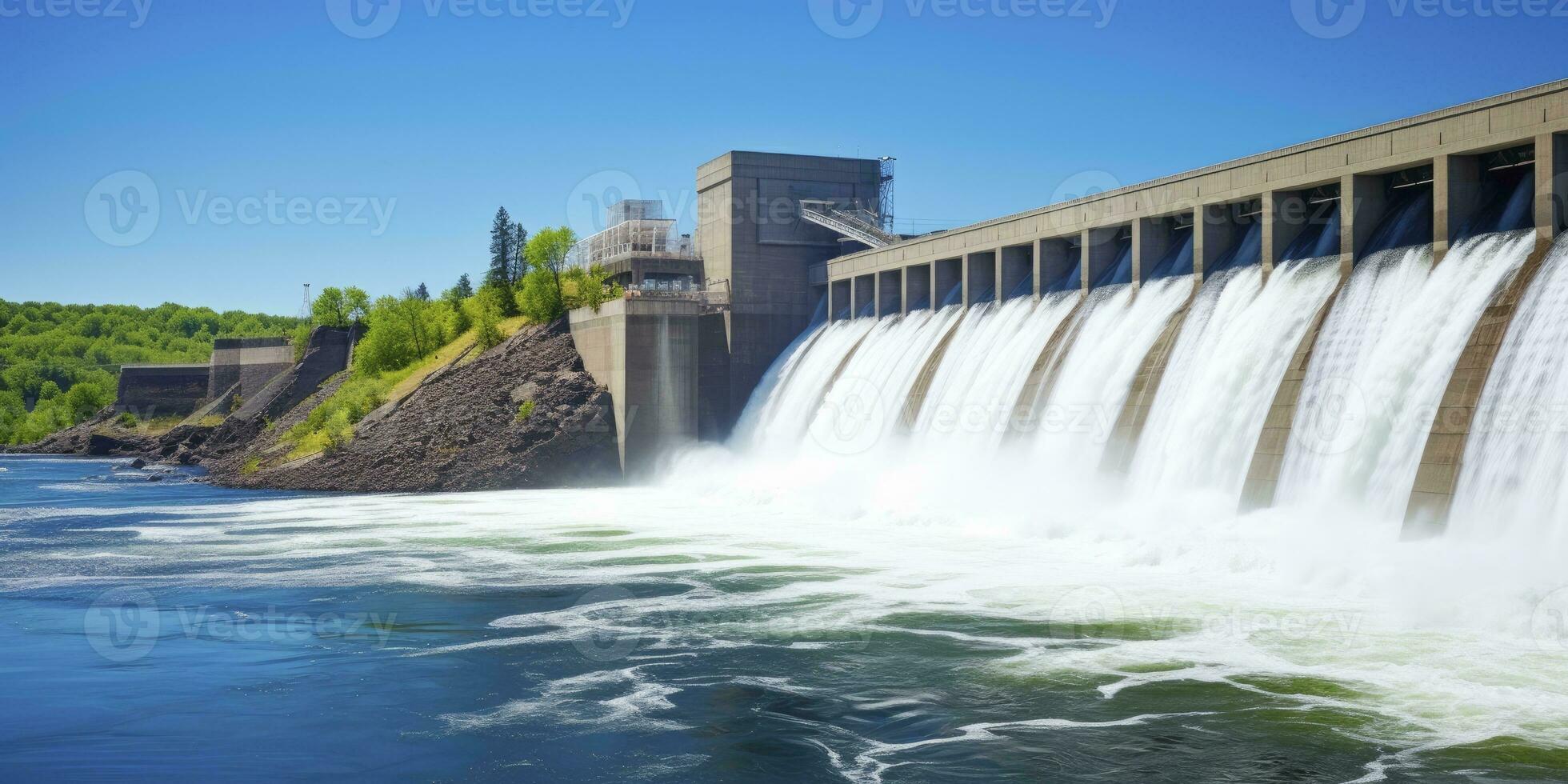 ai gerado hidroelétrica barragem gerando verde energia a partir de fluindo água. ai gerado. foto