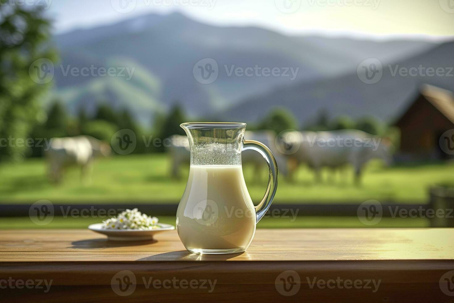 ai gerado vidro jarro com fresco leite em uma de madeira mesa. ai gerado foto
