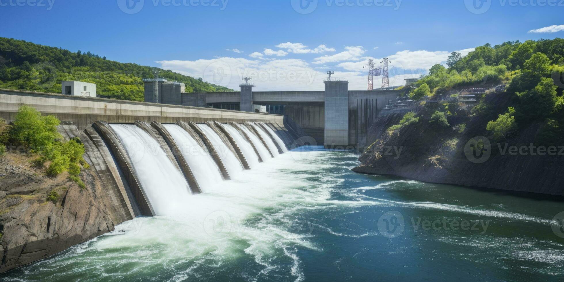 ai gerado hidroelétrica barragem gerando verde energia a partir de fluindo água. ai gerado. foto