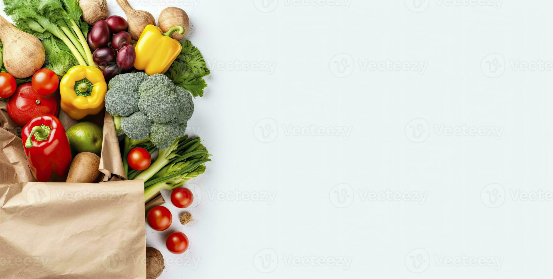 ai gerado saudável Comida dentro papel saco legumes e frutas em branco fundo. ai gerado foto