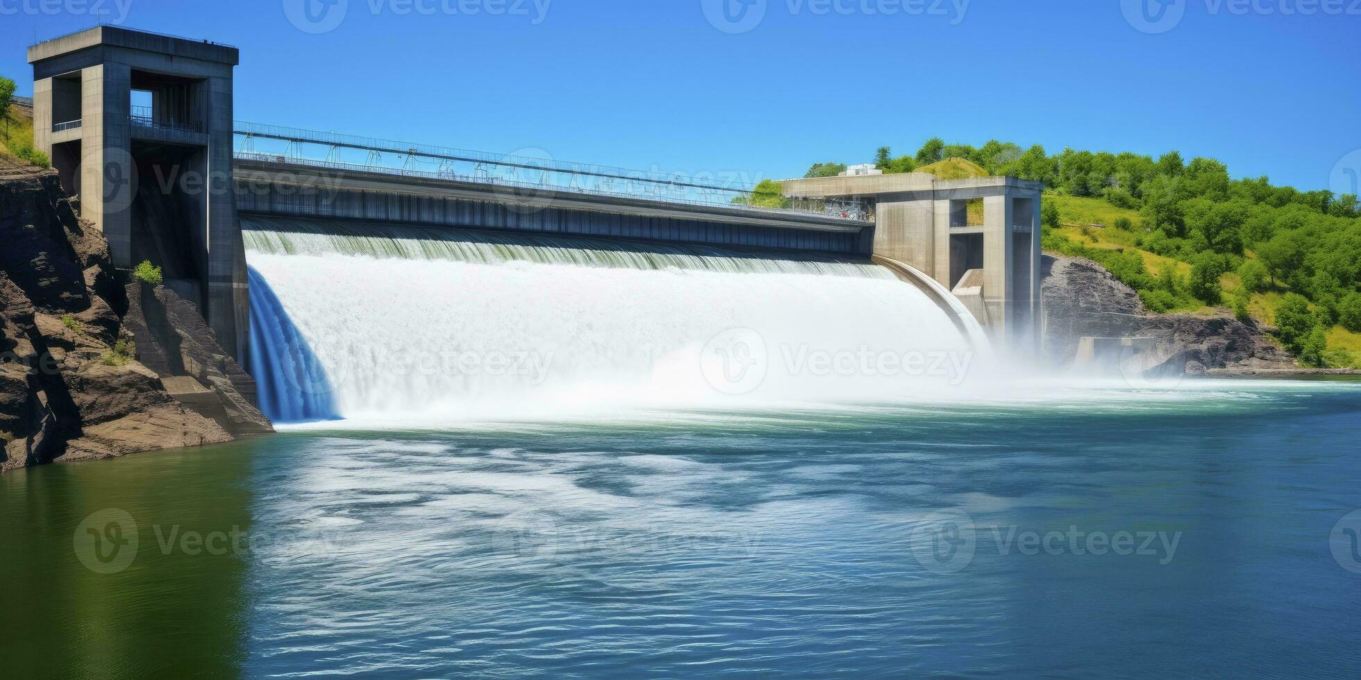 ai gerado hidroelétrica barragem gerando verde energia a partir de fluindo água. ai gerado. foto