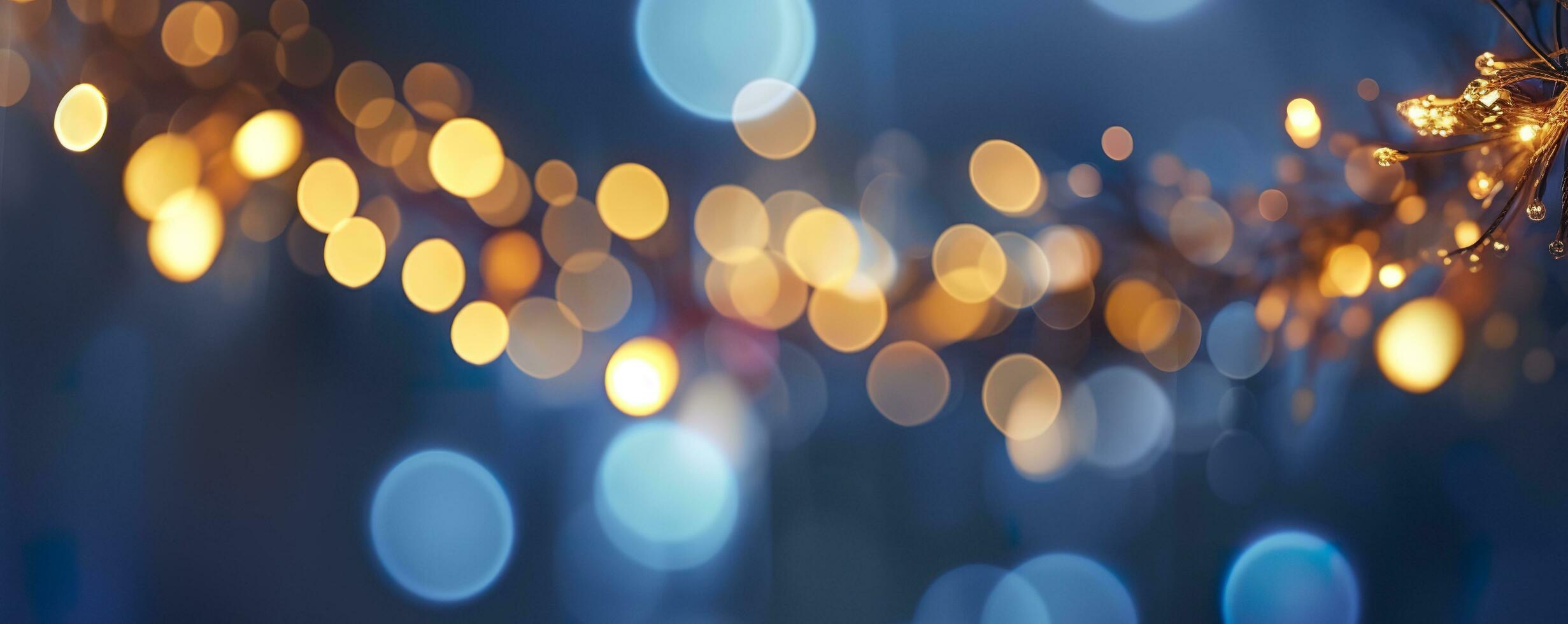 ai gerado feriado iluminação e decoração conceito, Natal festão bokeh luzes sobre Sombrio azul fundo. ai gerado foto