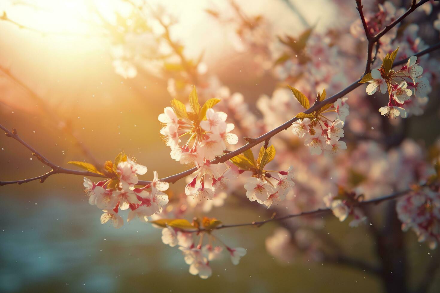 ai gerado Primavera Flor fundo. natureza cena com florescendo árvore e Sol flare. generativo ai foto