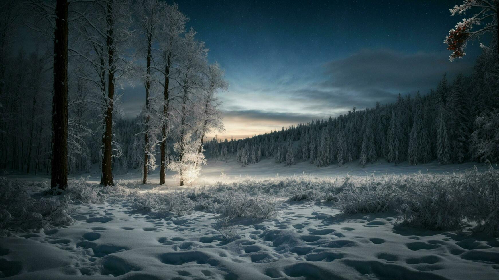 ai gerado místico inverno noite capturar a encantamento do uma inverno noite dentro a floresta, apresentando uma estrelado céu, coberto de neve chão, e uma sentido do quieto Magia dentro a ar foto