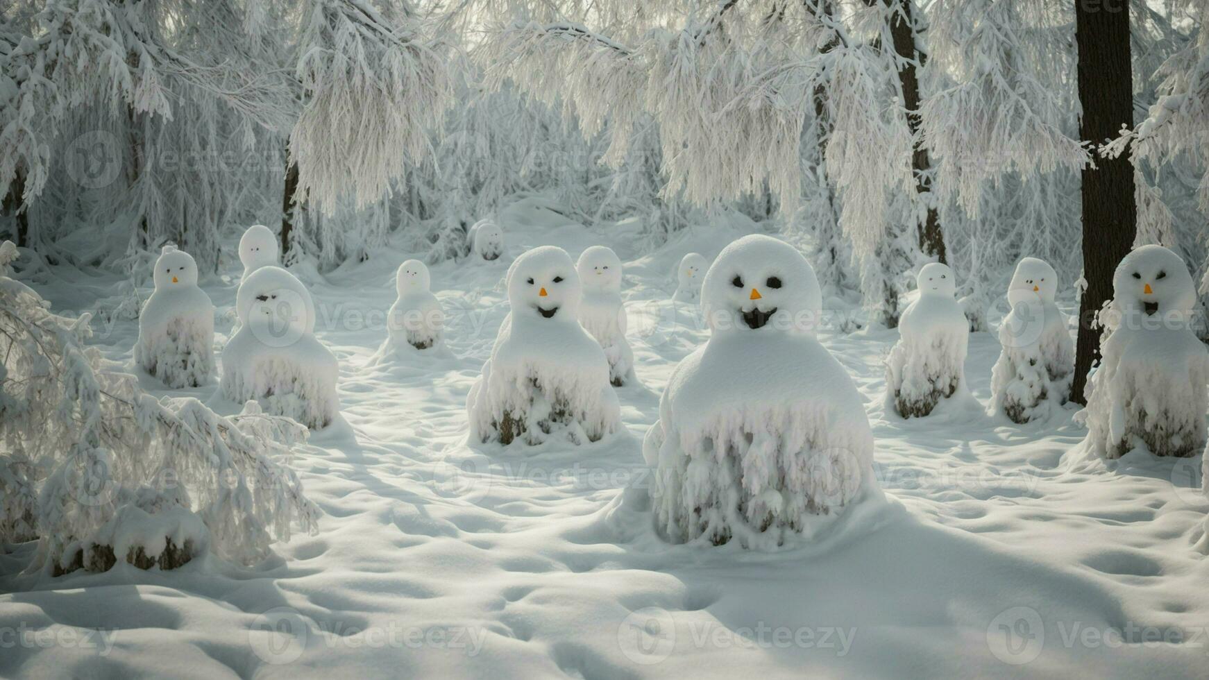 ai gerado descrever a fenômeno do neve fantasmas criada de a acumulação do neve em a torcido galhos do uma decíduo floresta. foto