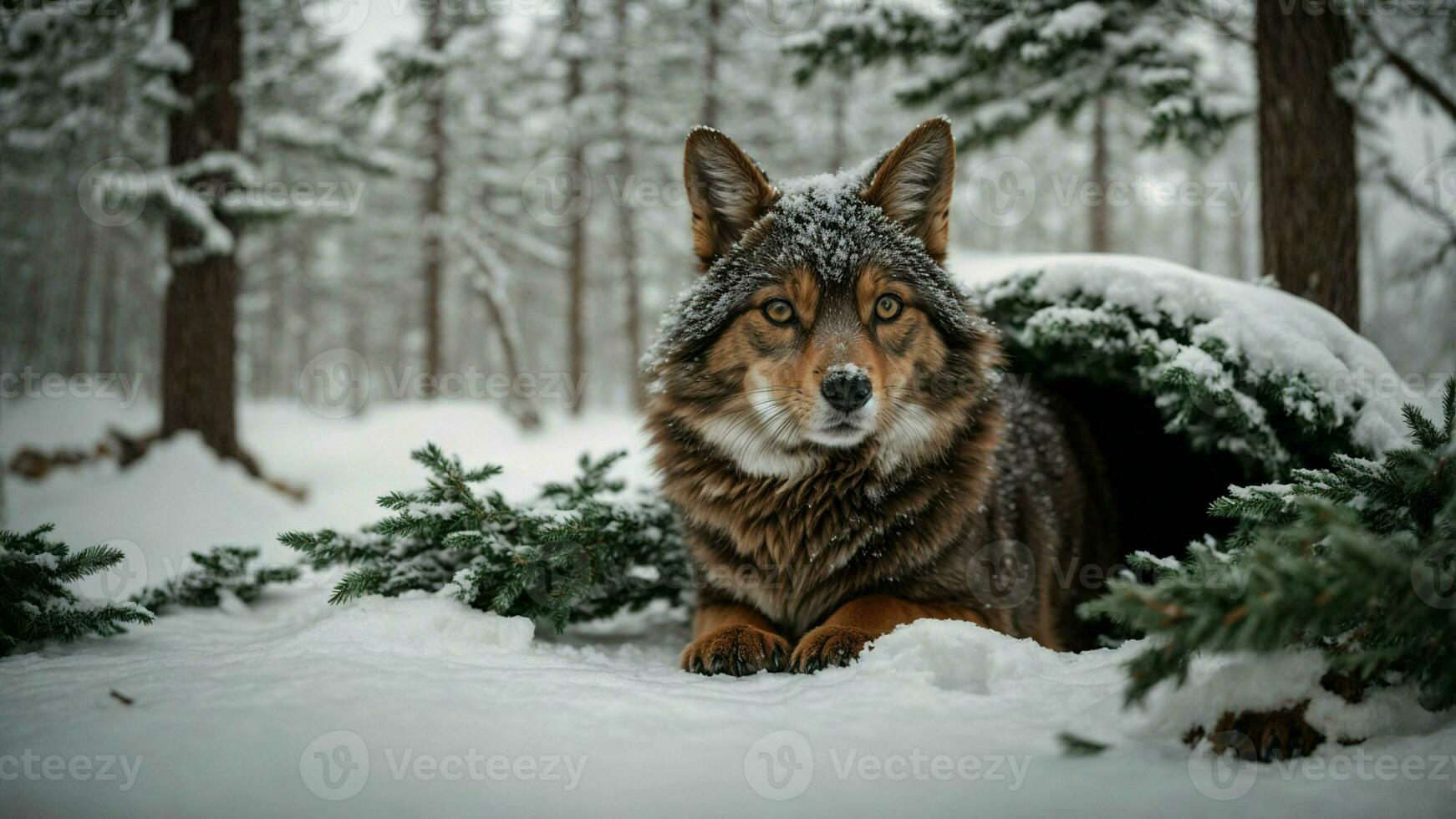 ai gerado construir uma história sobre a simbiótico relação entre animais selvagens e a abrigo forneceu de coberto de neve evergreens. foto