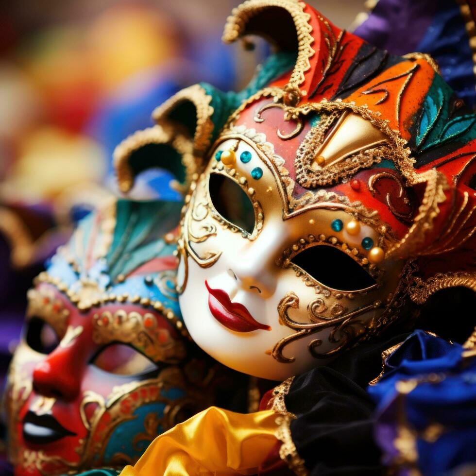 ai gerado colorida carnaval máscaras contra uma vibrante fundo, foto