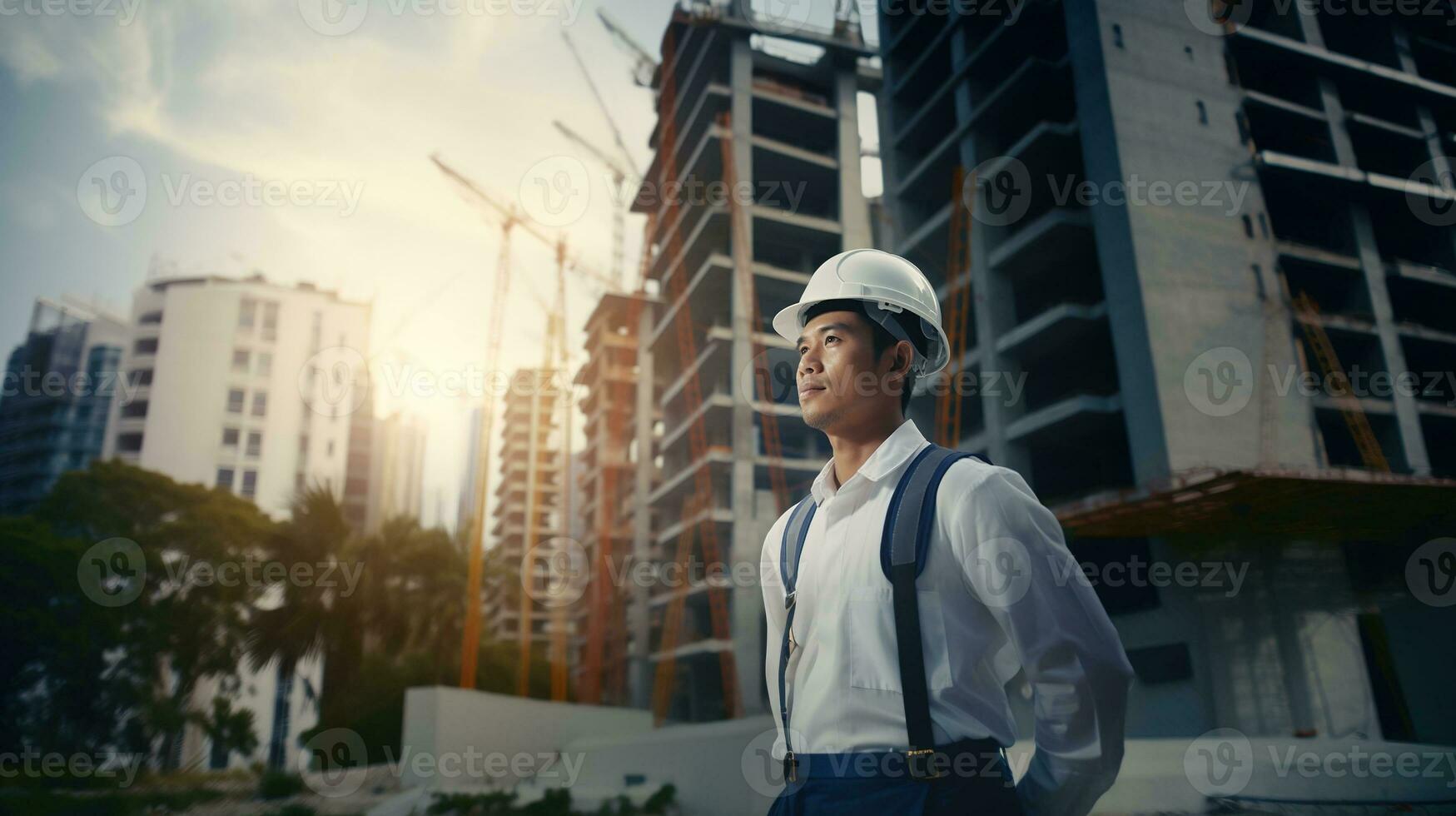 ai gerado retrato do ásia engenheiro ou arquiteto em construção local com construção fundo foto