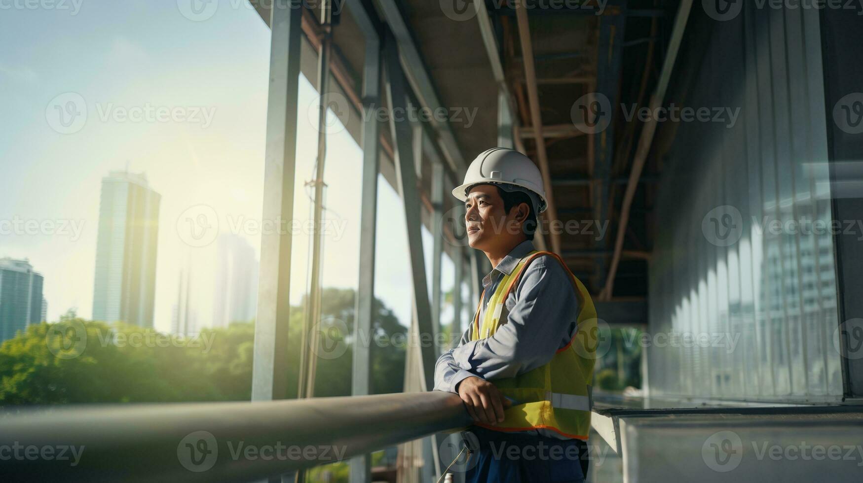 ai gerado retrato do ásia engenheiro ou arquiteto em construção local com construção fundo foto