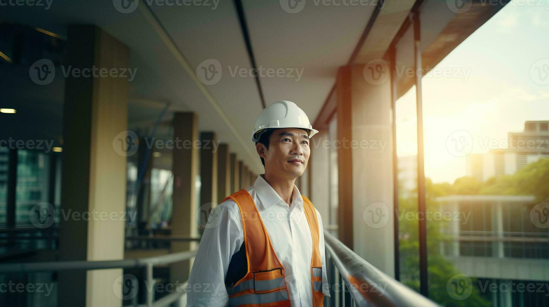 ai gerado retrato do ásia engenheiro ou arquiteto em construção local com construção fundo foto