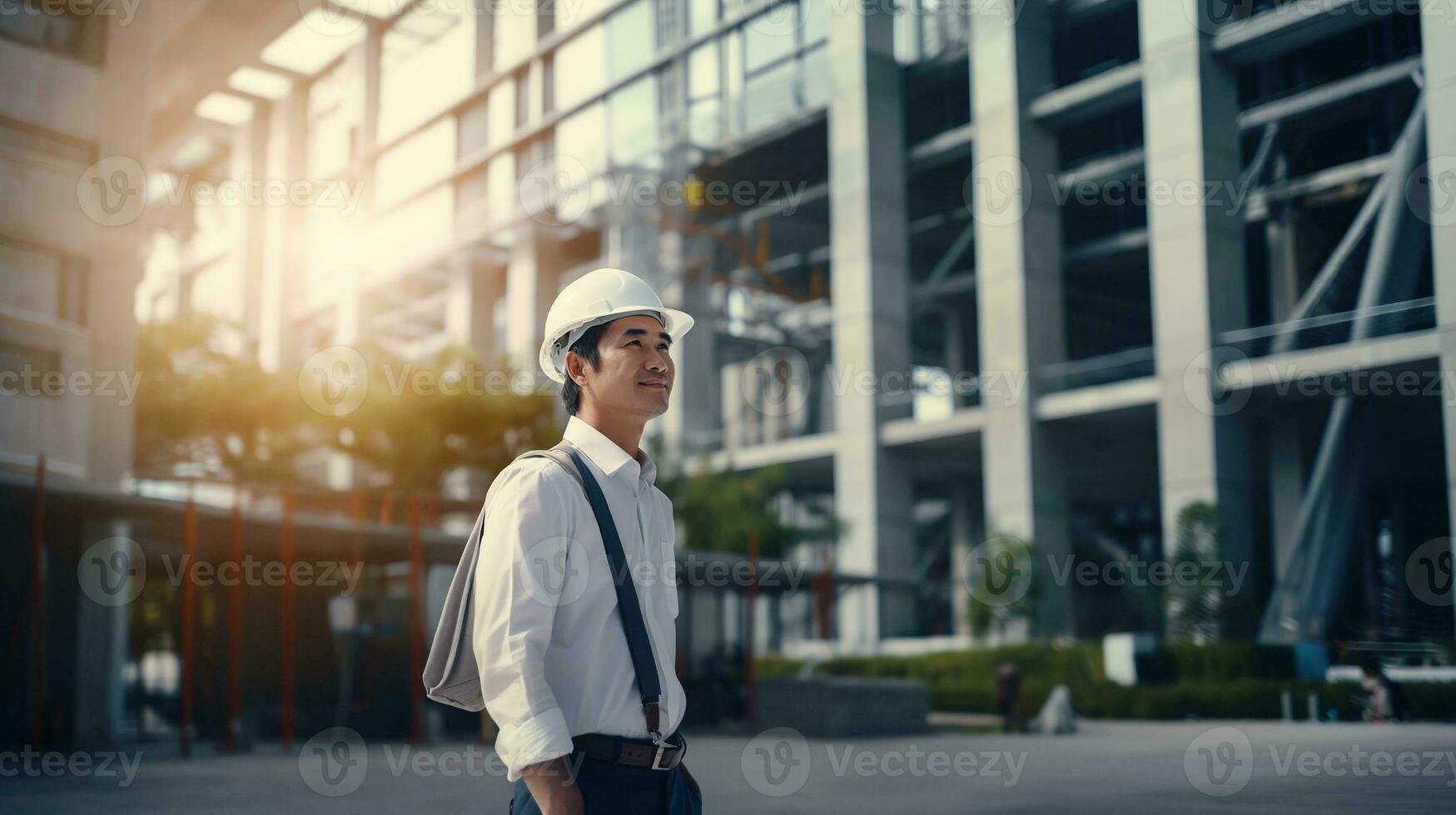 ai gerado retrato do ásia engenheiro ou arquiteto em construção local com construção fundo foto