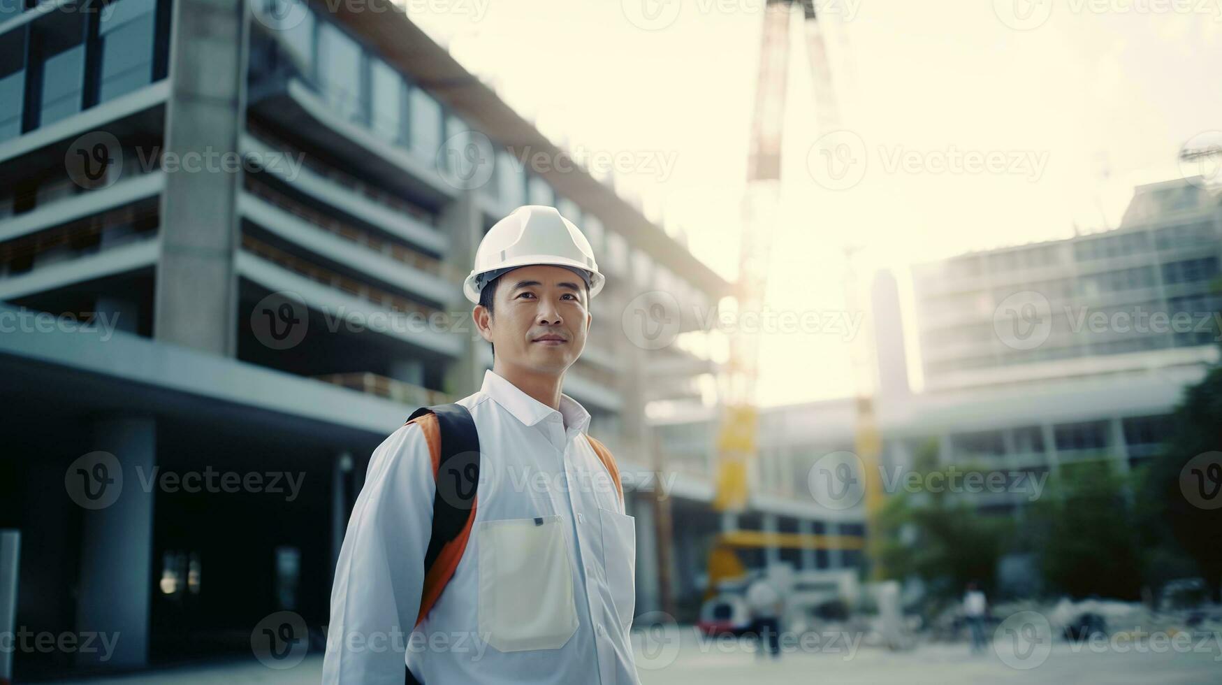 ai gerado retrato do ásia engenheiro ou arquiteto em construção local com construção fundo foto