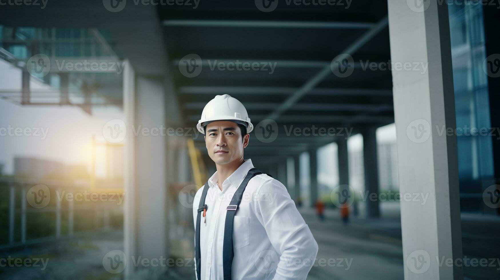 ai gerado retrato do ásia engenheiro ou arquiteto em construção local com construção fundo foto