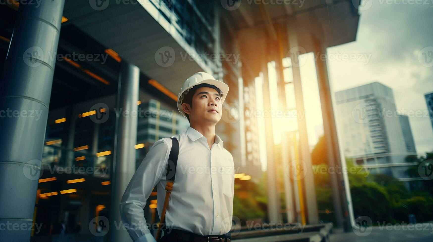 ai gerado retrato do ásia engenheiro ou arquiteto em construção local com construção fundo foto