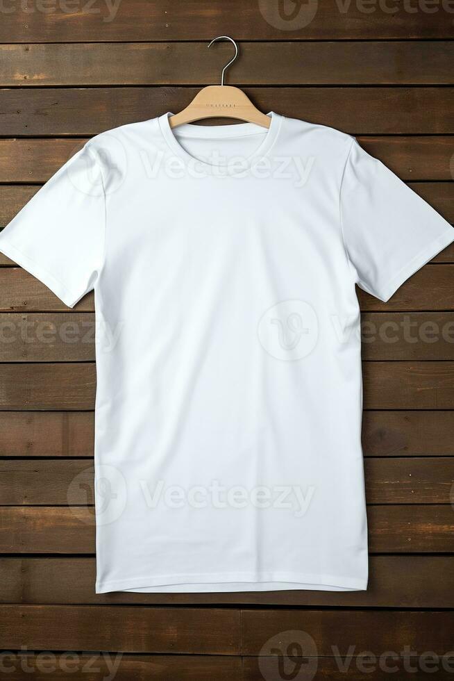 ai gerado branco camiseta em de madeira fundo, topo visualizar. brincar para Projeto foto