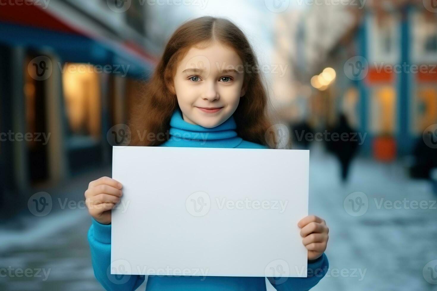 ai gerado fofa pequeno menina segurando em branco branco Folha do papel dentro dela mãos foto