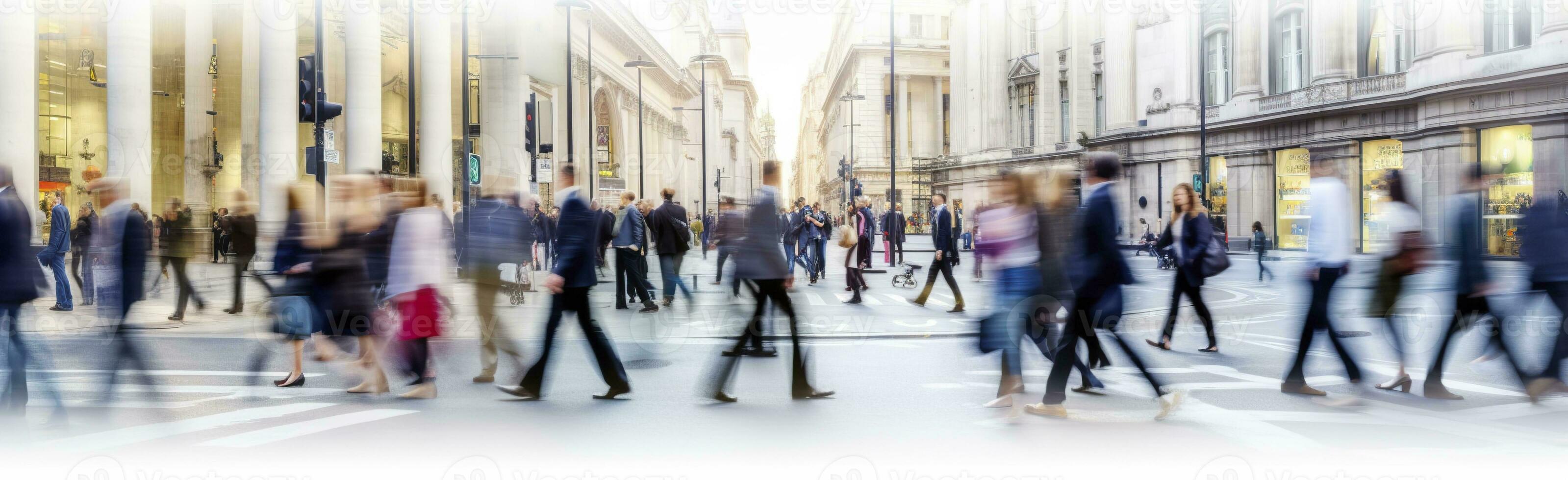 ai gerado caminhando pessoas borrão. grande quantidade do pessoas andar dentro a cidade do Londres. Largo panorâmico Visão do pessoas cruzando a estrada. ai gerado foto