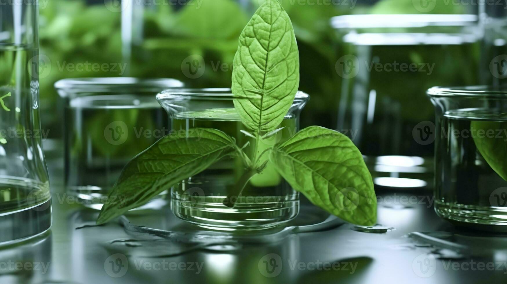 ai gerado biotecnologia conceito com verde plantar folhas, laboratório vidraria, e conduzindo pesquisar, ilustrando a poderoso combinação do natureza e Ciência dentro médico avanços. foto