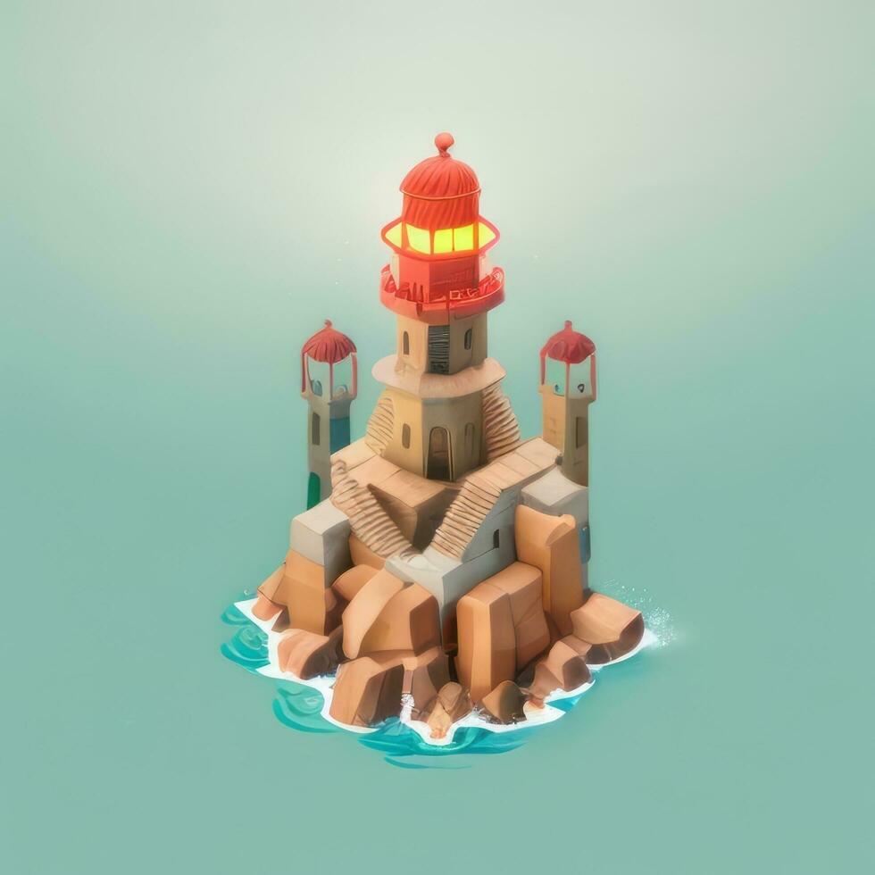 ai gerado isométrico 3d farol construção dentro a meio do oceano ícone grampo arte adesivo decoração simples fundo foto