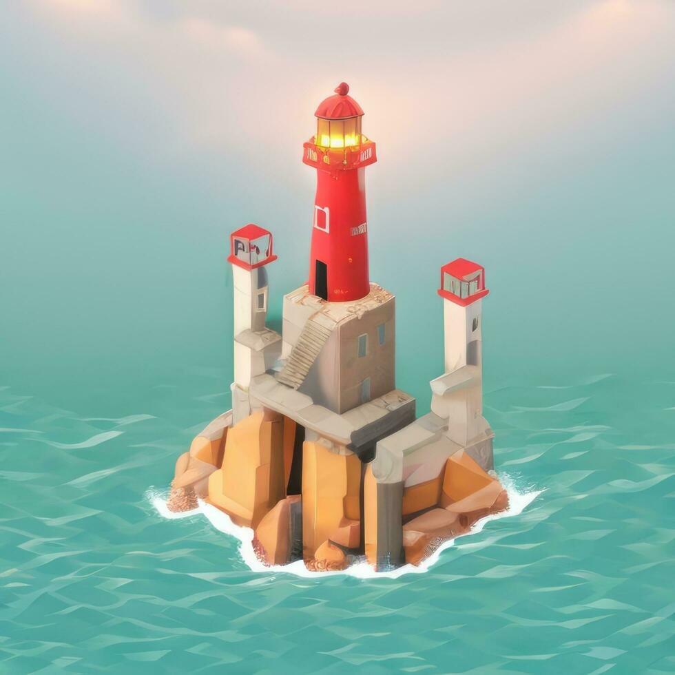 ai gerado isométrico 3d farol construção dentro a meio do oceano ícone grampo arte adesivo decoração simples fundo foto