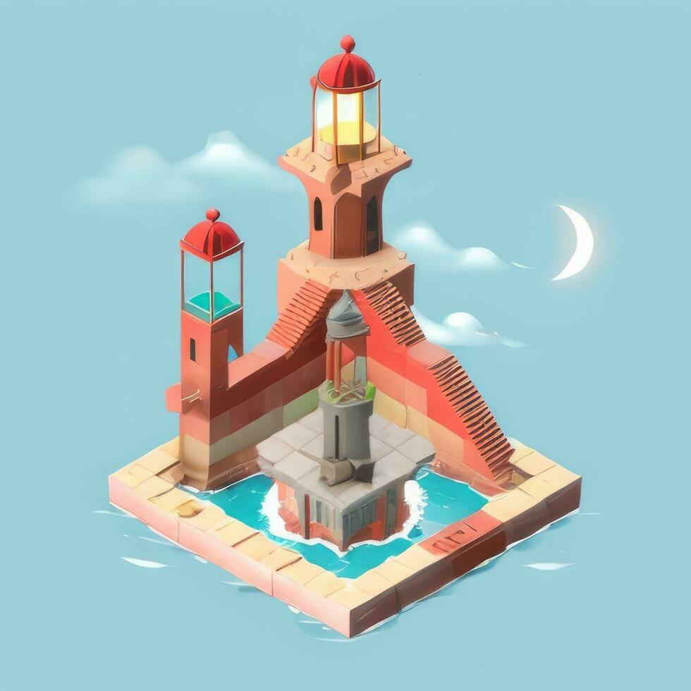 ai gerado isométrico 3d farol construção dentro a meio do oceano ícone grampo arte adesivo decoração simples fundo foto