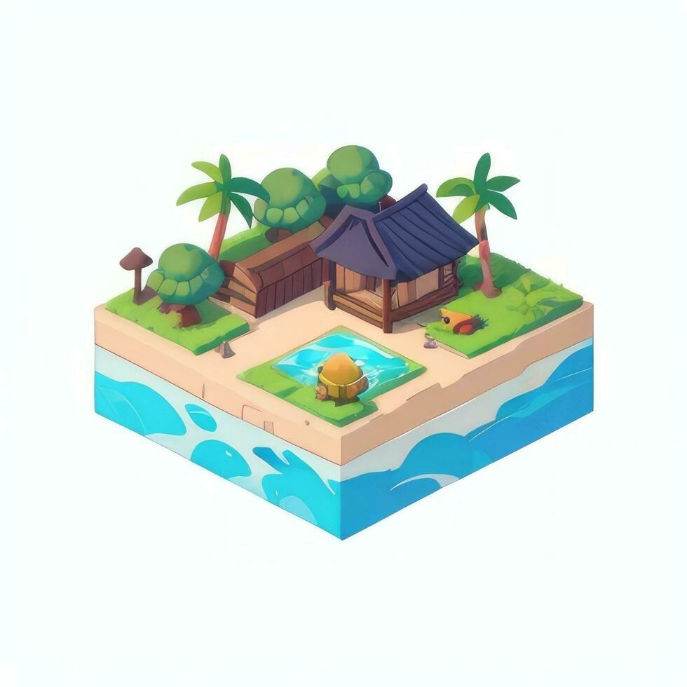 ai gerado isométrico 3d tropical ilha construção ícone grampo arte adesivo decoração simples fundo foto