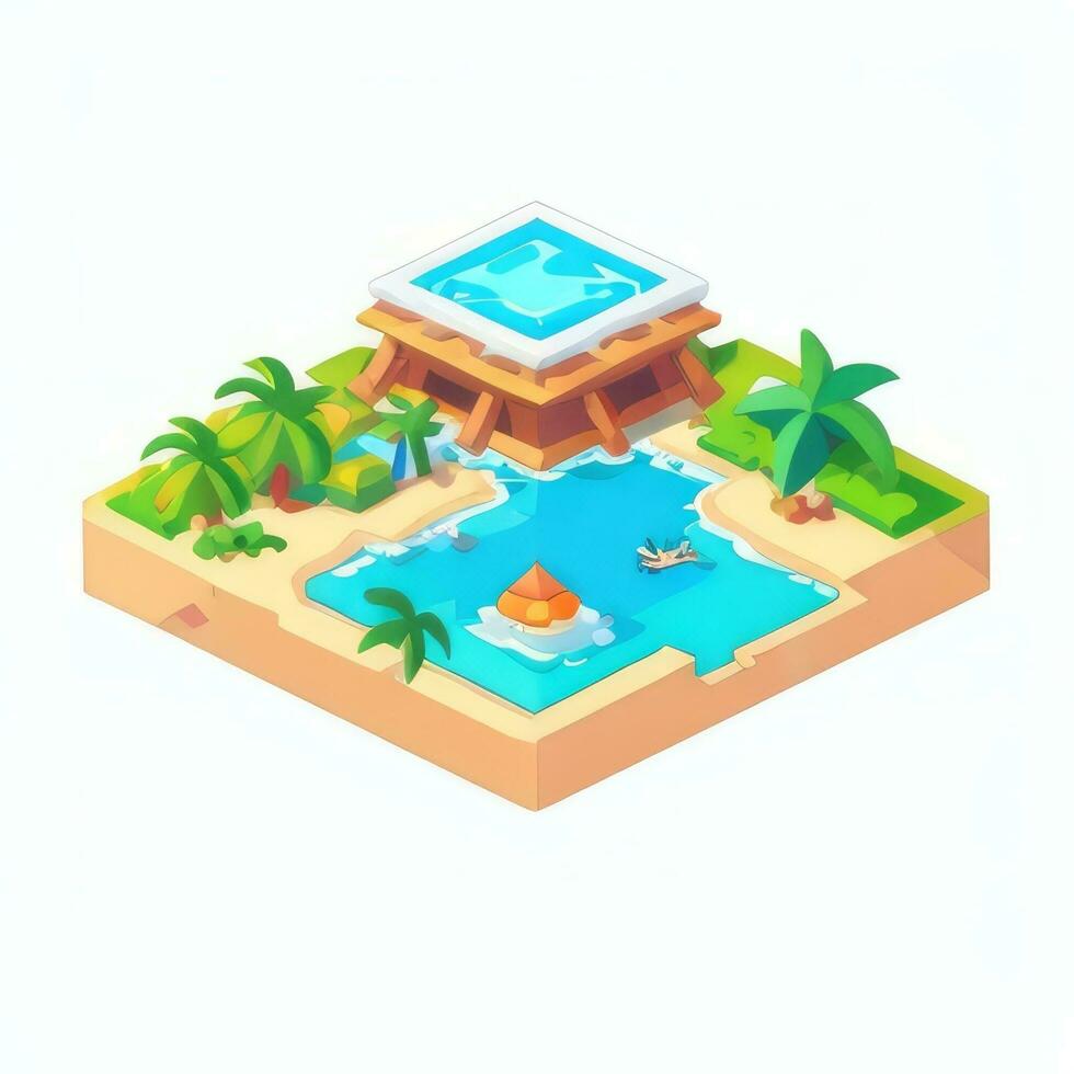 ai gerado isométrico 3d tropical ilha construção ícone grampo arte adesivo decoração simples fundo foto