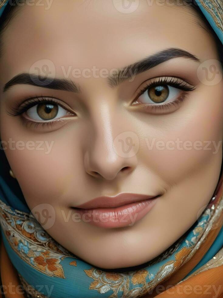 ai gerado lindo muçulmano mulher sorridente e rindo vestindo uma hijab e decorado xaile foto