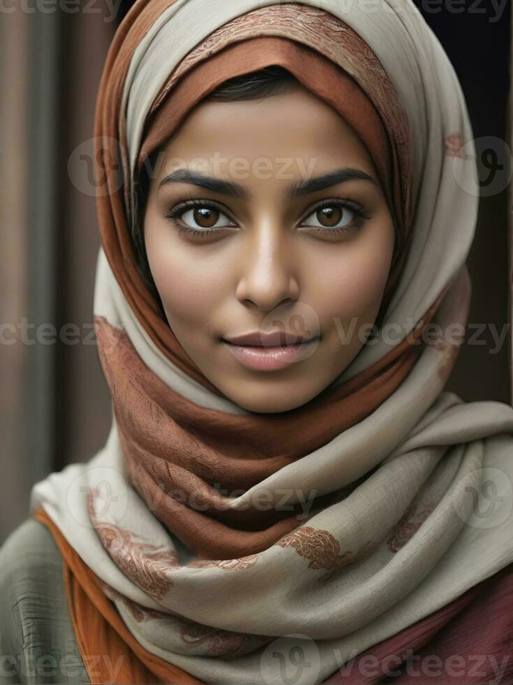 ai gerado lindo muçulmano mulher sorridente e rindo vestindo uma hijab e decorado xaile foto