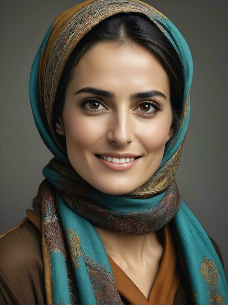 ai gerado lindo muçulmano mulher sorridente e rindo vestindo uma hijab e decorado xaile foto