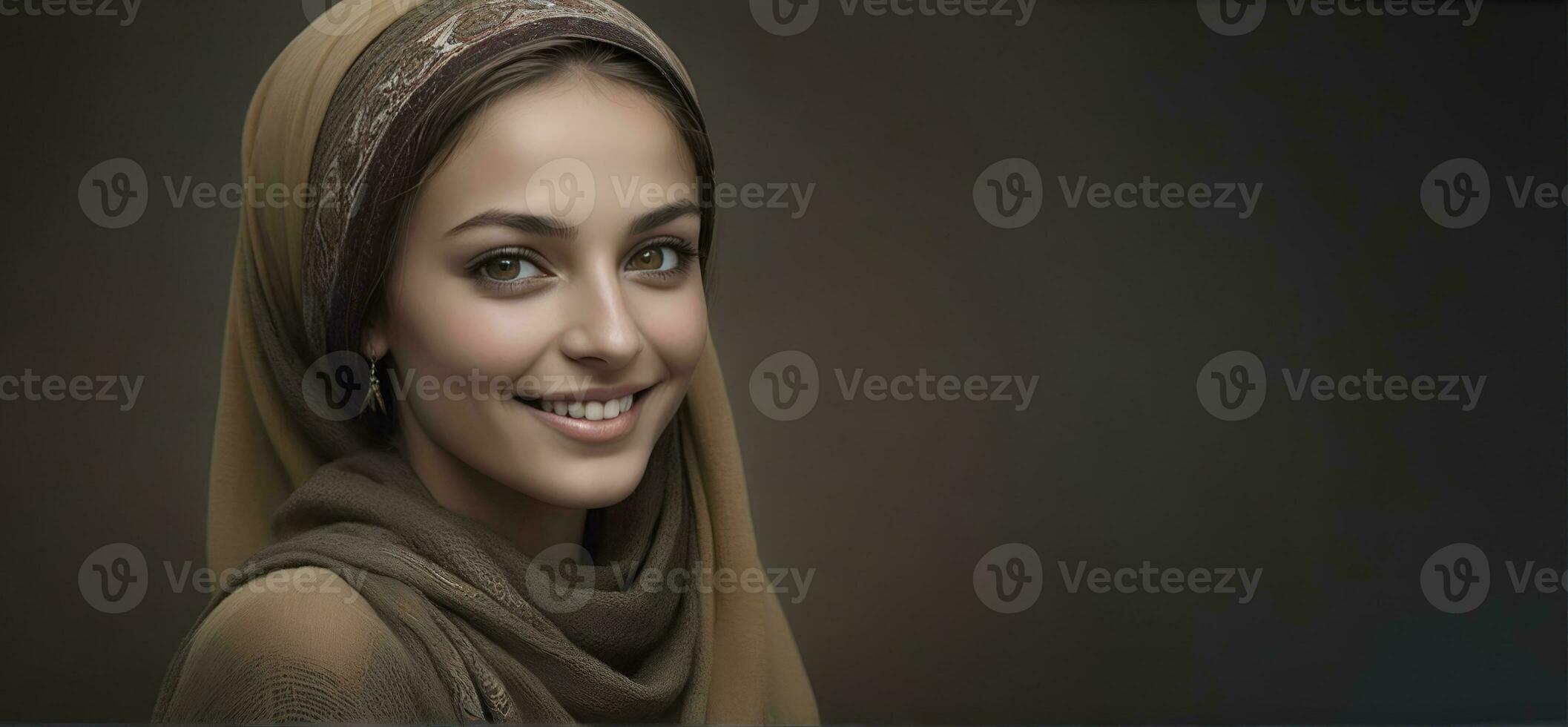 ai gerado lindo muçulmano mulher sorridente e rindo vestindo uma hijab e decorado xaile foto