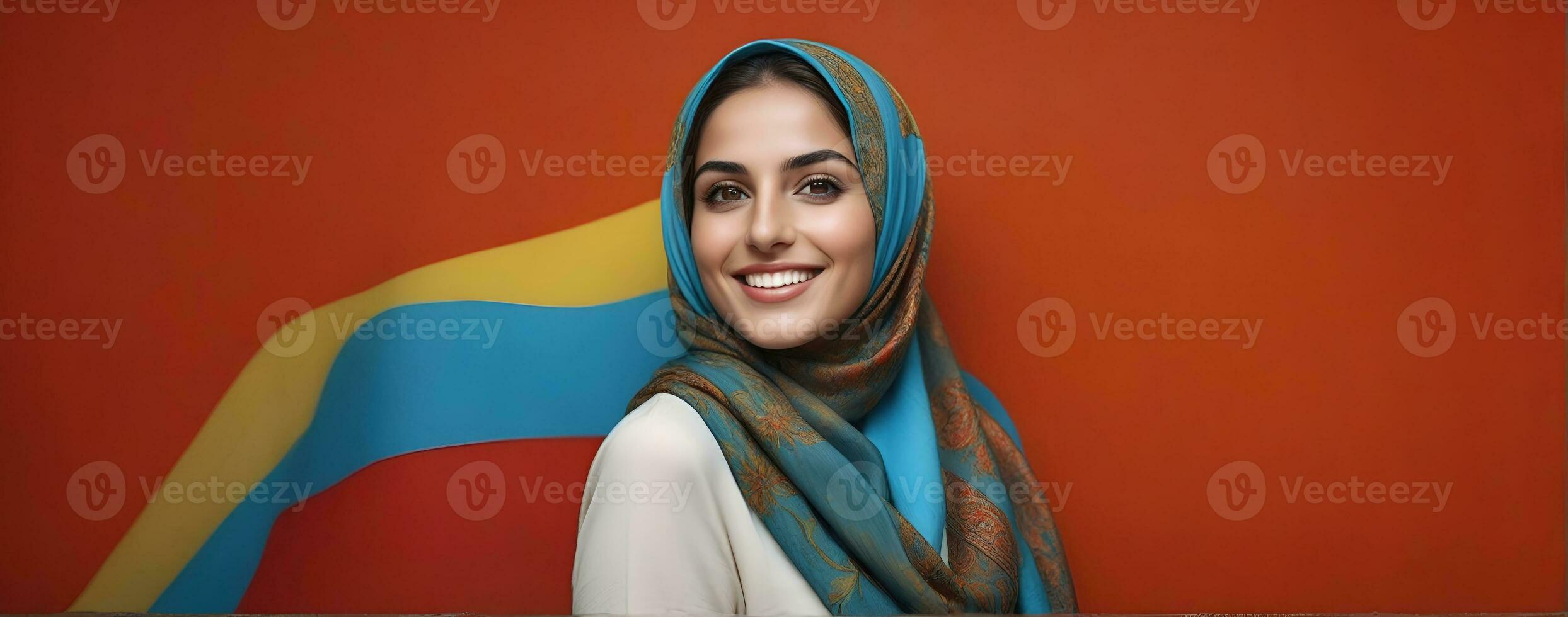 ai gerado lindo muçulmano mulher sorridente e rindo vestindo uma hijab e decorado xaile foto