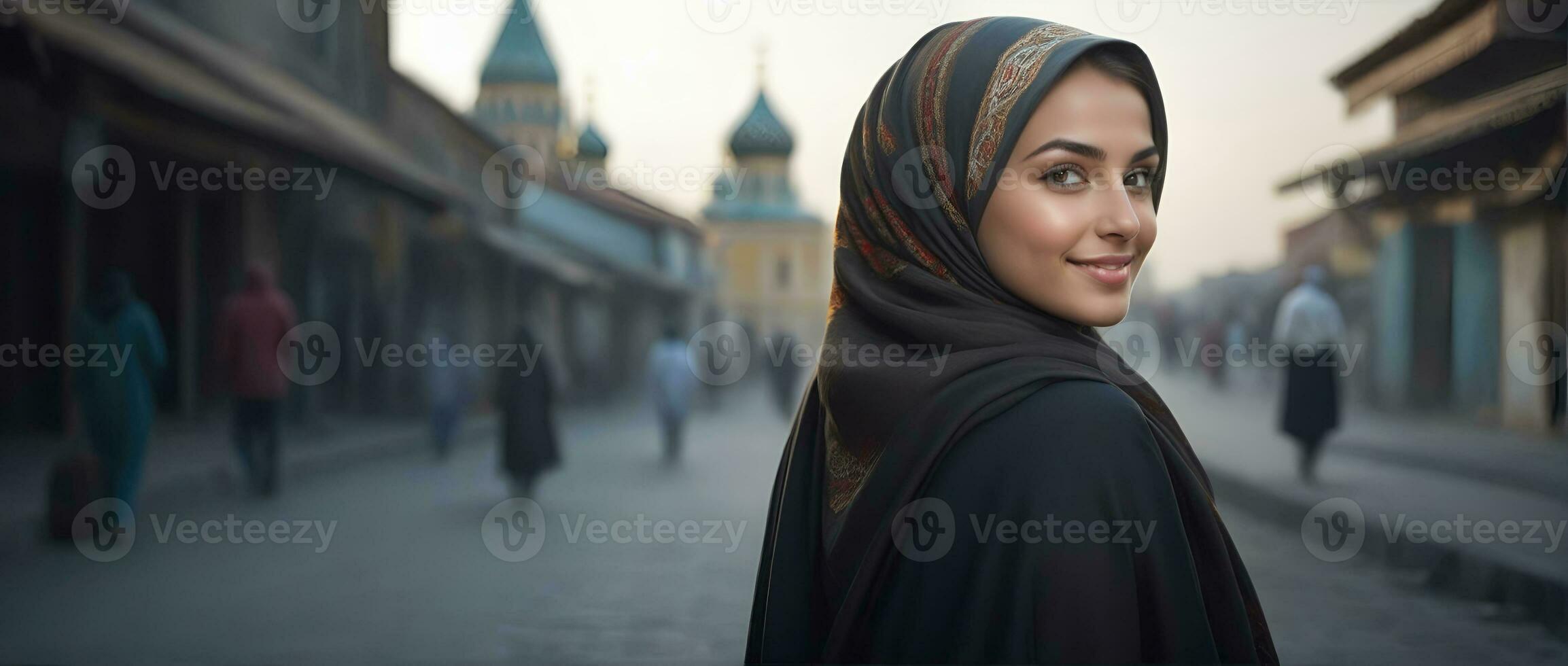 ai gerado lindo muçulmano mulher sorridente e rindo vestindo uma hijab e decorado xaile foto