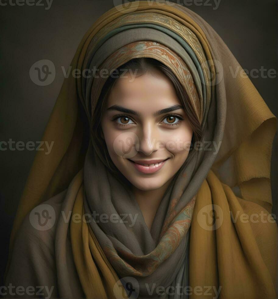 ai gerado lindo muçulmano mulher sorridente e rindo vestindo uma hijab e decorado xaile foto