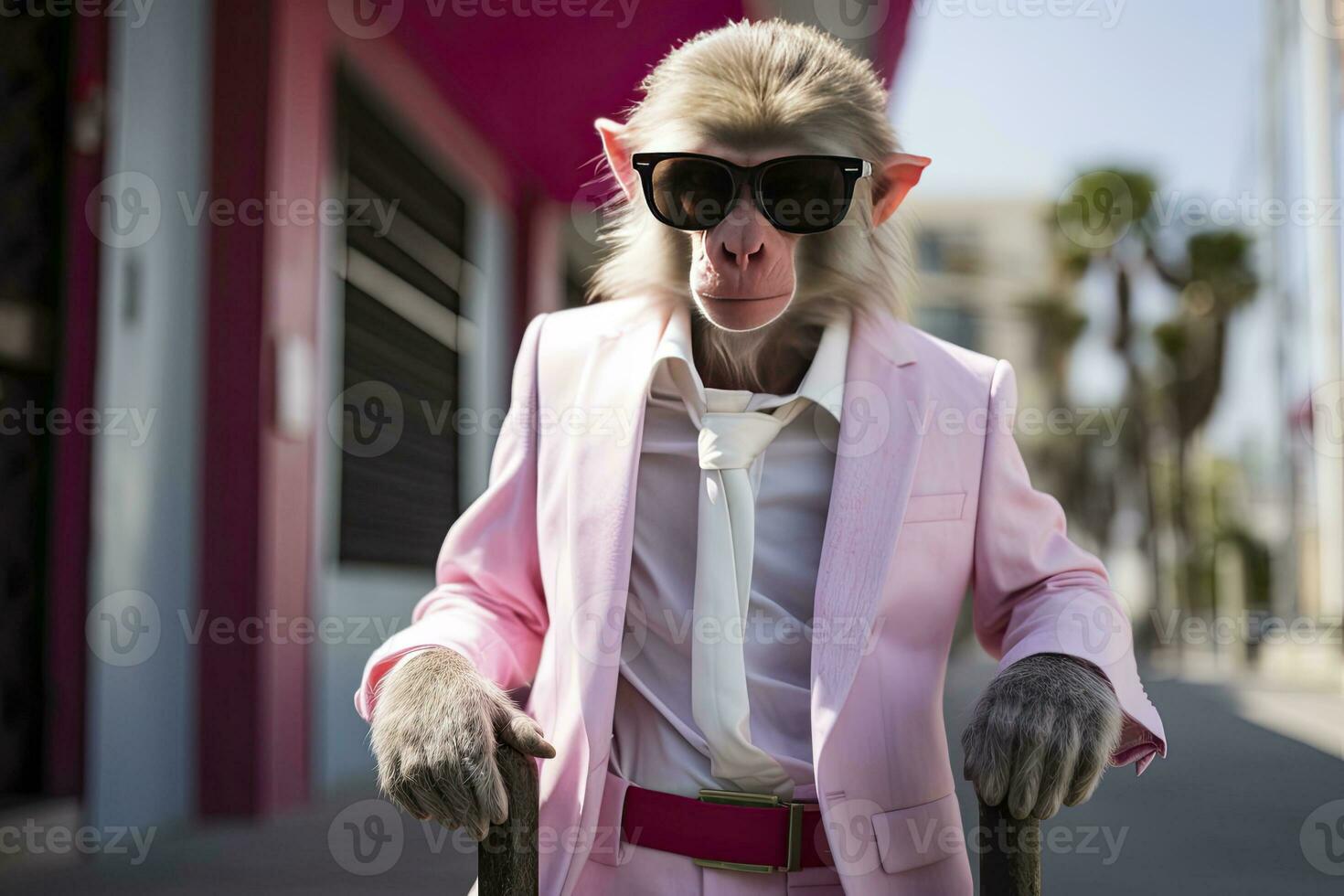 ai gerado uma macaco é vestindo oculos de sol, terno e em pé em rua. ai gerado foto