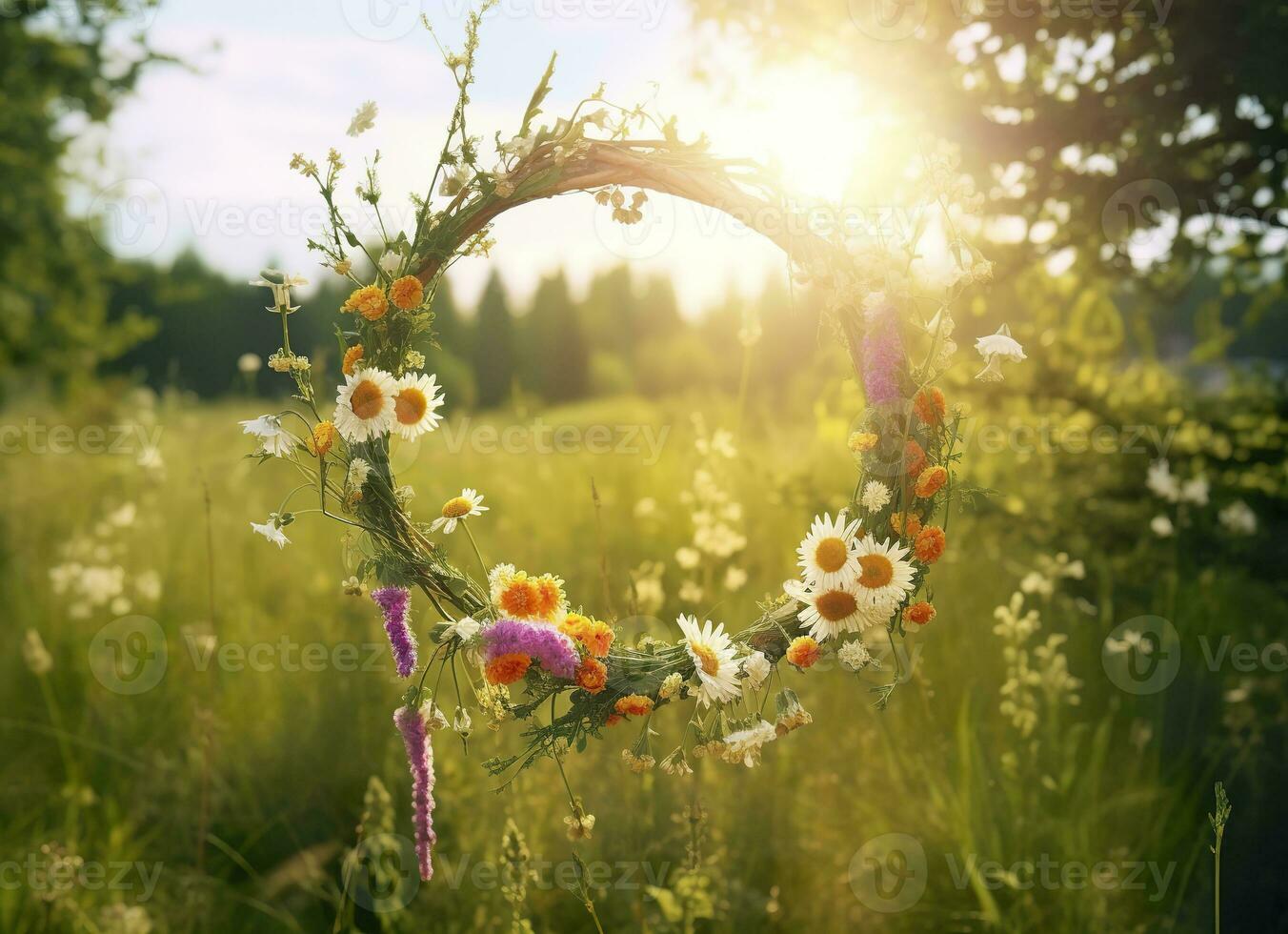 ai gerado rústico flores silvestres guirlanda em uma ensolarado Prado. verão solstício dia, solstício de verão conceito. generativo ai foto