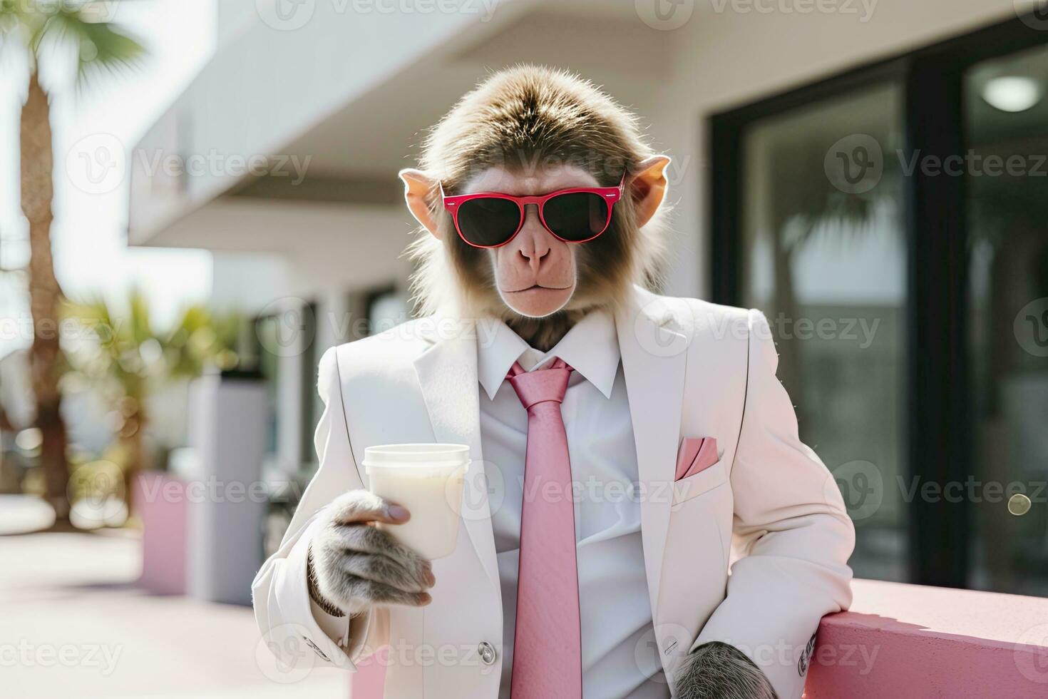 ai gerado uma macaco é vestindo oculos de sol, terno e em pé em rua. ai gerado foto