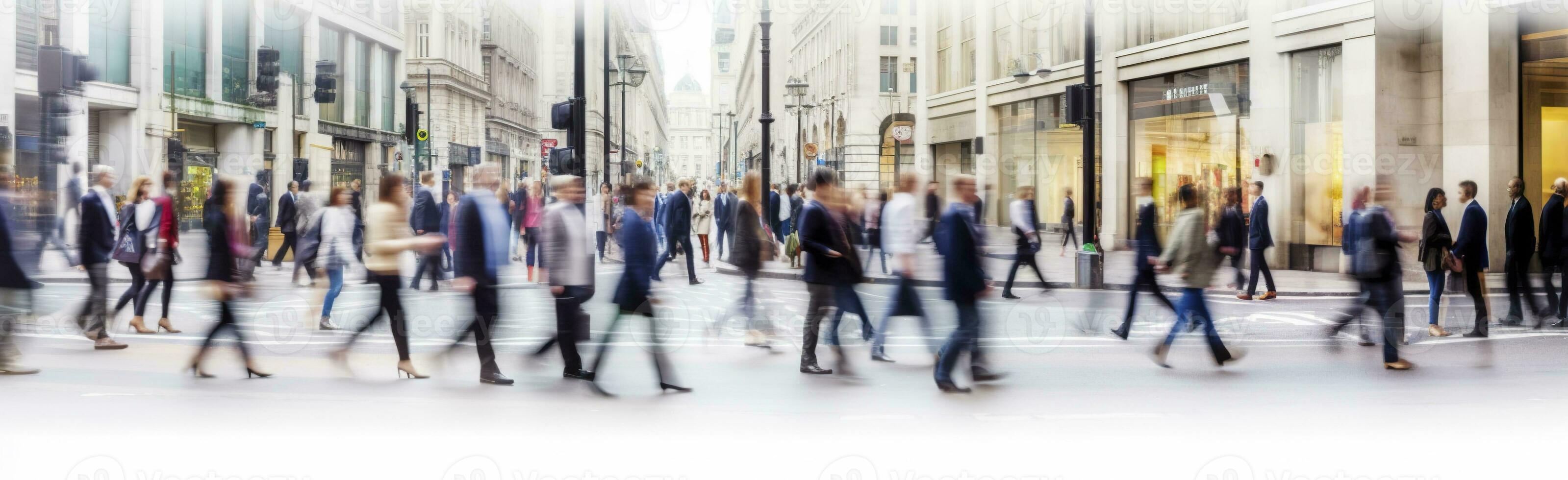 ai gerado caminhando pessoas borrão. grande quantidade do pessoas andar dentro a cidade do Londres. Largo panorâmico Visão do pessoas cruzando a estrada. ai gerado foto