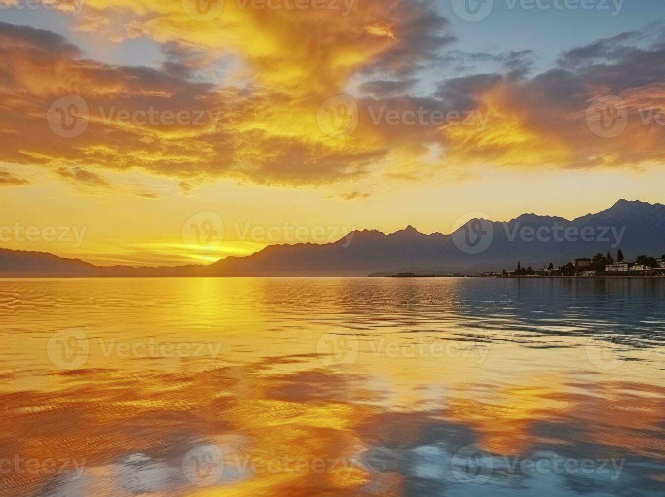 ai gerado brilhante pôr do sol sobre lago dourado nuvens refletir dentro a água. ai gerado. foto